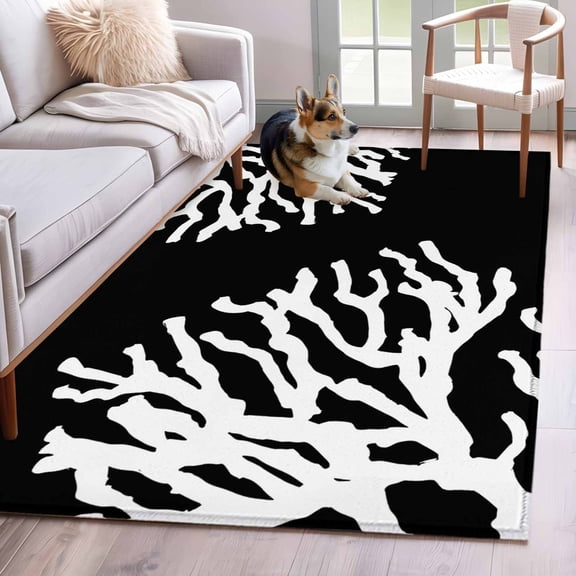 Area Rug 3x5ft Coral on Black Background Area Rugs Washable Low Pile Floor Carpet for Bedroom, White Nautical Sea Creature Non Slip Soft Rugs for Living Room Entryway Dining Room