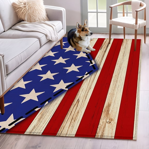 Area Rug 3x5ft Country American Flag Wood Plank Area Rugs Washable Low Pile Floor Carpet for Bedroom, USA 4th of July Star Stripe Non Slip Soft Rugs for Living Room Entryway Dining Room
