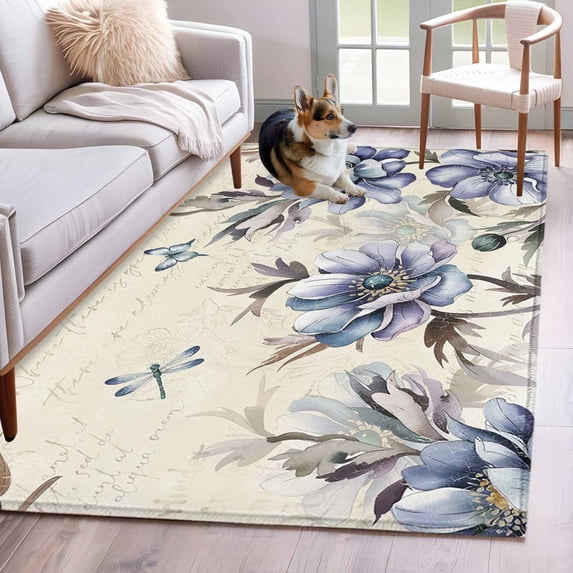 Area Rug 3x5ft Country Blue Flower Farm Floral Plant Area Rugs Washable ...