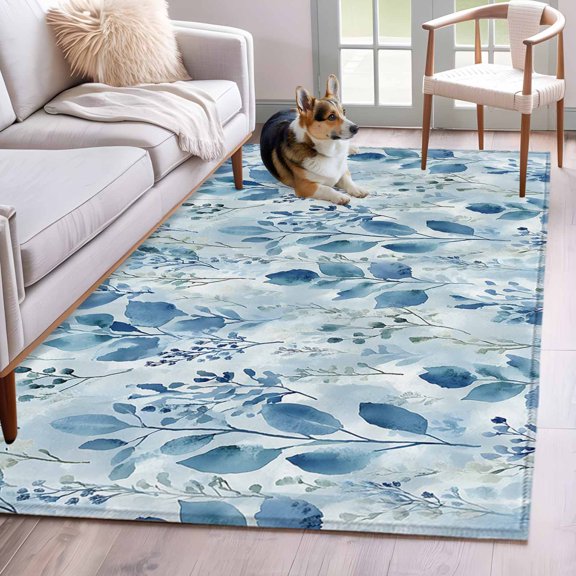 Area Rug 3x5ft, Country Blue Green Leaf Washable Rugs for Living Room Bedroom, Watercolor Botanical Theme Soft Non-slip Area Rugs Rectangle Floor Carpet for Dining Room