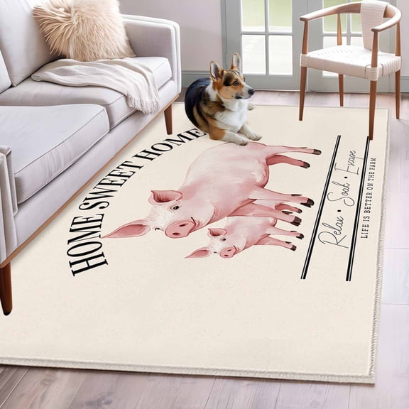 Area Rug 3x5ft Country Pink Pig Farmhouse Theme Area Rugs Washable Low Pile Floor Carpet for Bedroom, Sweet Home Farm Text Animals Non Slip Soft Rugs for Living Room Entryway Dining Room