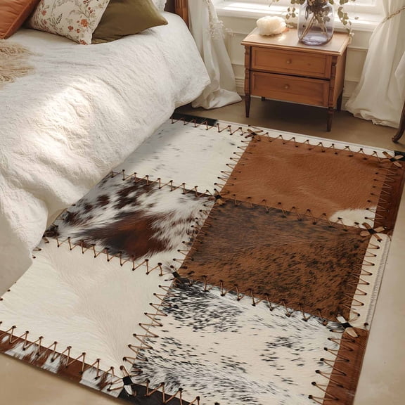 Area Rug 3x5ft Cowhide Carpets Indoor Floor Area Mat Washable Entrance Mat Rugs for Living Room Dining Room Kitchen Bedroom, Cow Fur Print Animal Skin Brown Sofa Throw Carpet