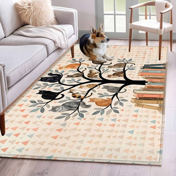 Area Rug 3x5ft Cute Cats on Tree Books Area Rugs Washable Low Pile Floor Carpet for Bedroom, Leaves Geometric Triangle Non Slip Soft Rugs for Living Room Entryway Dining Room