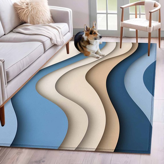 Area Rug 3x5ft Dark Blue Brown Gradient Abstract Waves Area Rugs Washable Low Pile Floor Carpet for Bedroom, Water Ripple Non Slip Soft Rugs for Living Room Entryway Dining Room