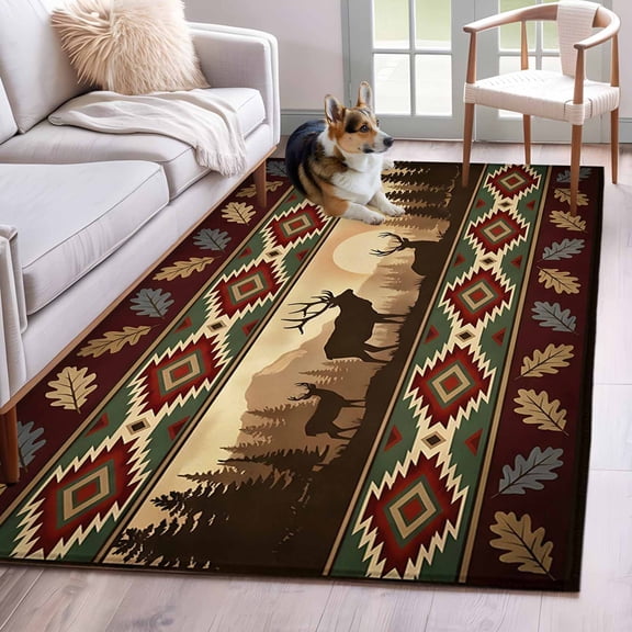Area Rug 3x5ft Deer Retro Southwest Ethnic Area Rugs Washable Low Pile Floor Carpet for Bedroom, Abstract Tribal Geometric Non Slip Soft Rugs for Living Room Entryway Dining Room