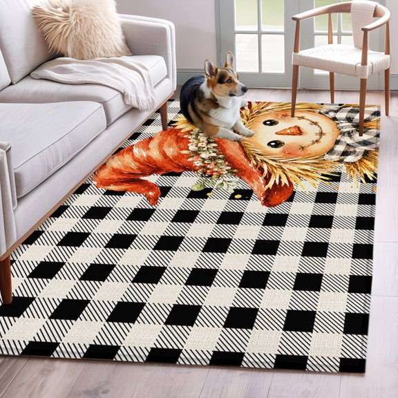 Area Rug 3x5ft Fall Thanksgiving Rustic Straw Man Area Rugs Washable Low Pile Floor Carpet for Bedroom, Black Check Gingham Non Slip Soft Rugs for Living Room Entryway Dining Room
