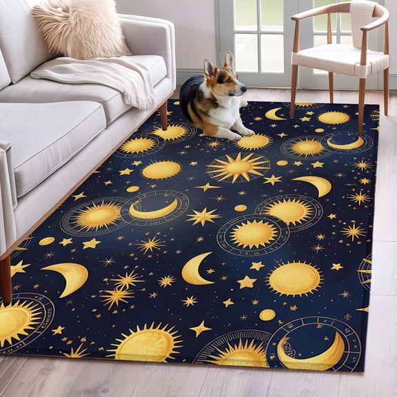 Area Rug 3x5ft Fantasy Galaxy Moon Sun Area Rugs Washable Low Pile Floor Carpet for Bedroom, Cartoon Starry Night Non Slip Soft Rugs for Living Room Entryway Dining Room