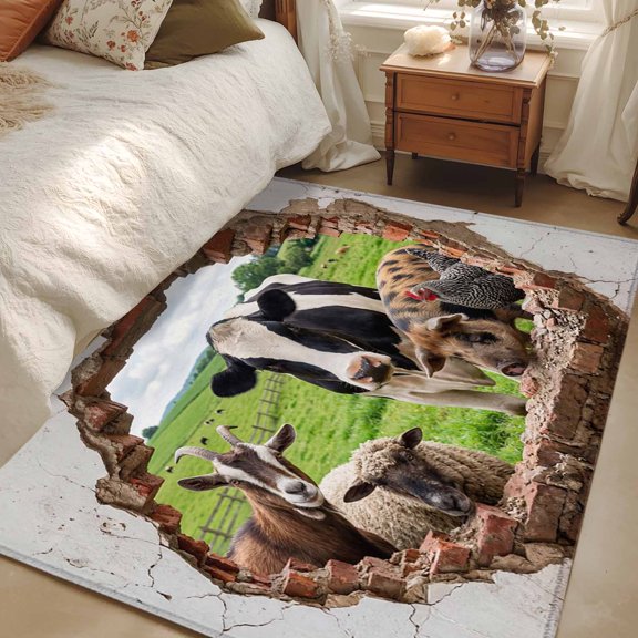Area Rug 3x5ft Farm Animal Carpets Indoor Floor Area Mat Washable Entrance Mat Rugs for Living Room Dining Room Kitchen Bedroom, Broken Wall Pasture Landscape Sofa Throw Carpet