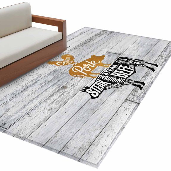 Area Rug 3x5ft, Farm Animal Meat Washable Rugs for Living Room Bedroom, Vintage Chicken Pork and Beef on Wood Board Soft Non-slip Area Rugs Rectangle Floor Carpet for Dining Room
