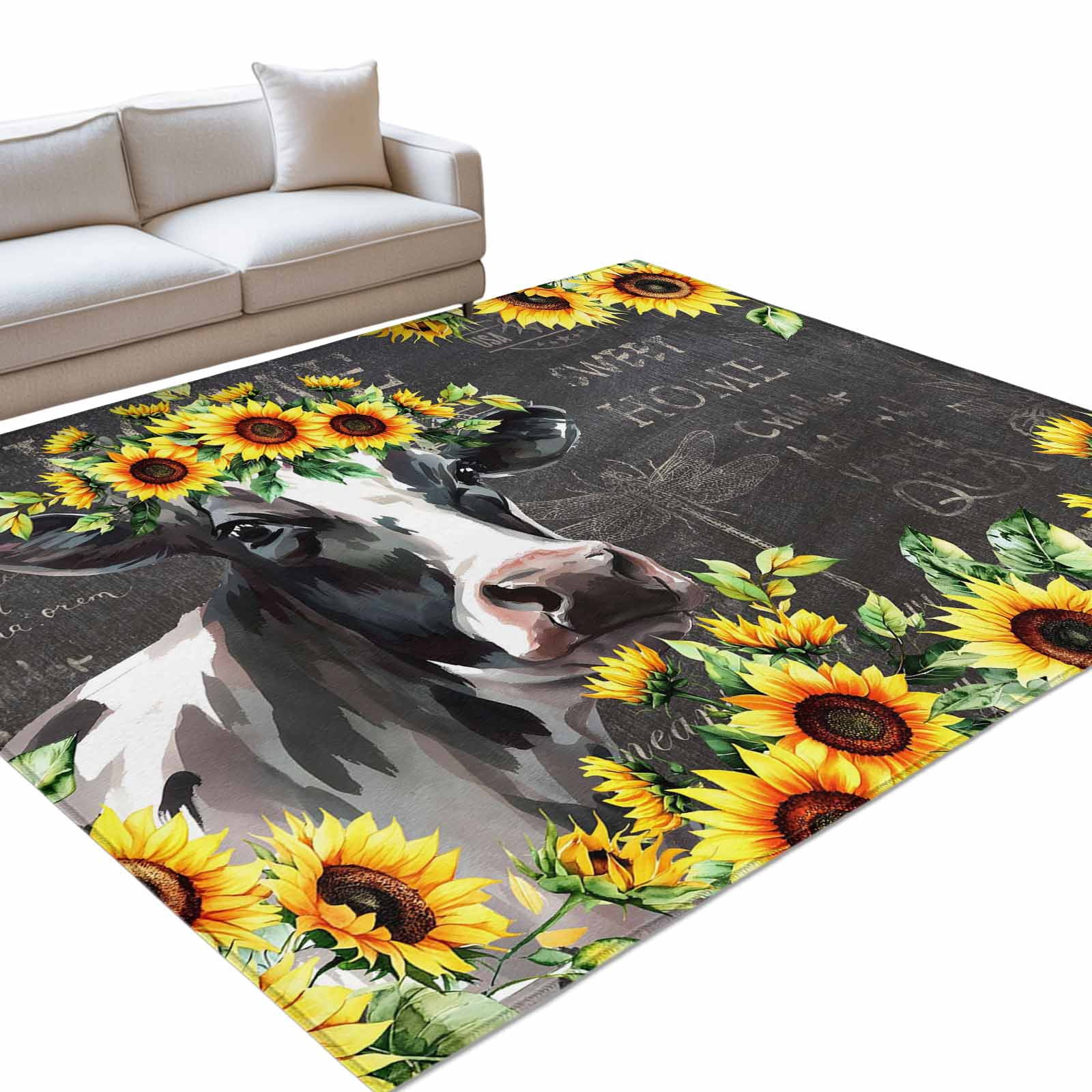 Area Rug 3x5ft, Farm Cow Sunflower Blackboard Washable Rugs for Living ...