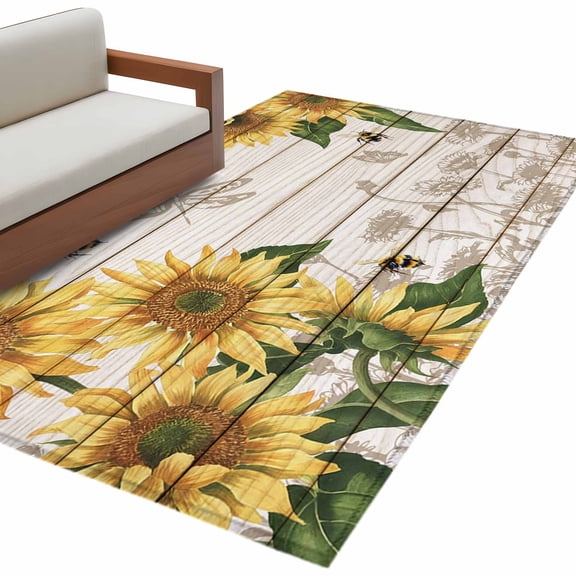 Area Rug 3x5ft, Farm Sunflower Bee Dragonfly Washable Rugs for Living Room Bedroom, Floral Leaves Wood Grain Soft Non-slip Area Rugs Rectangle Floor Carpet for Dining Room