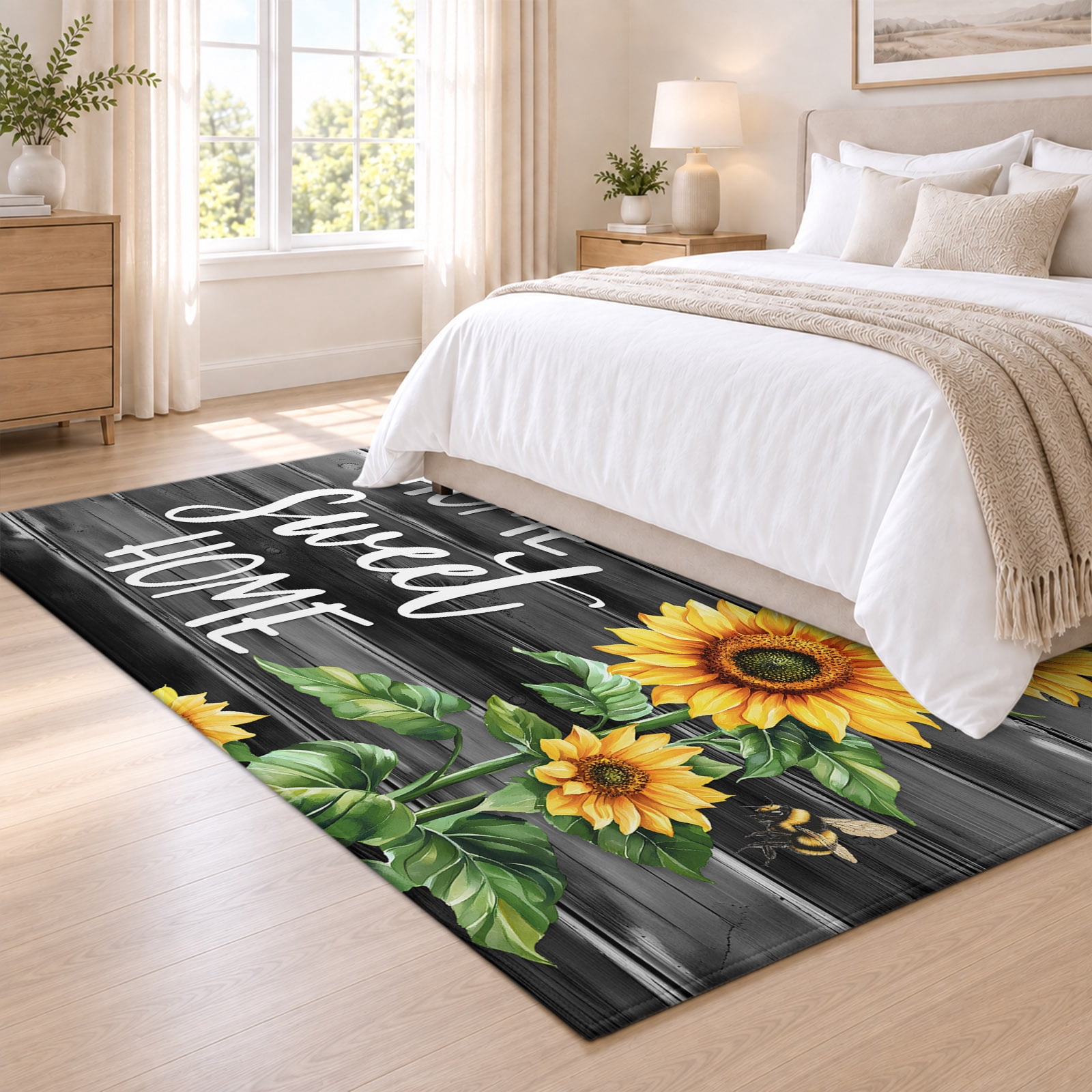 Area Rug 3x5ft Farm Sunflower Bee Sweet Home Text Low Pile Washable Rug ...