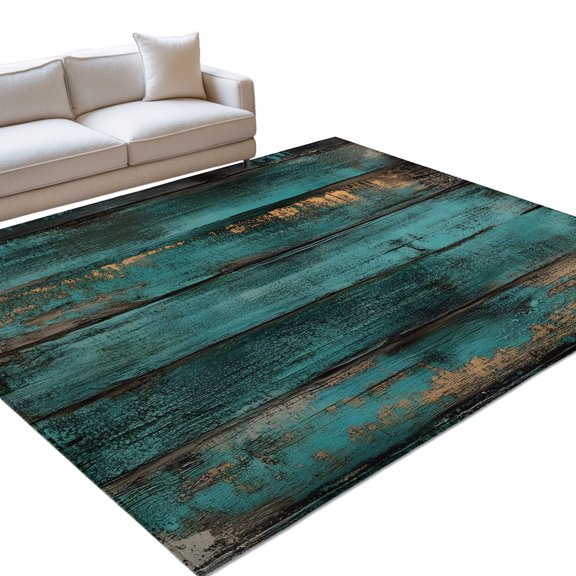 Area Rug 3x5ft, Farm Vintage Teal Wood Grain Washable Rugs for Living Room Bedroom, Rustic Wooden Plank Soft Non-slip Area Rugs Rectangle Floor Carpet for Dining Room