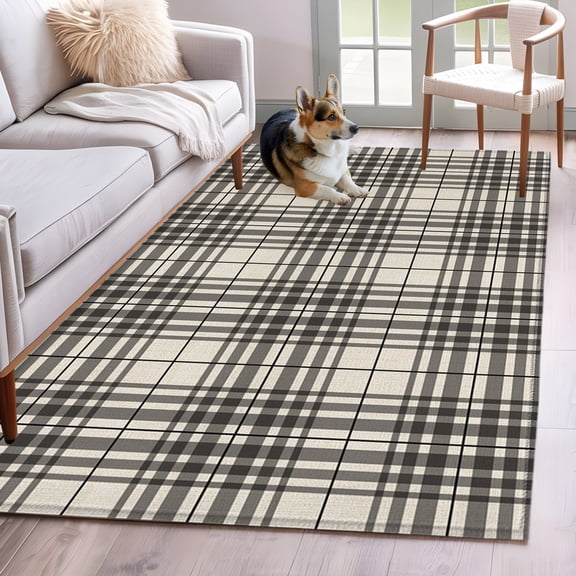 Area Rug 3x5ft Farmhouse Black Stripe on Beige Area Rugs Washable Low Pile Floor Carpet for Bedroom, Geometric Line Checkered Non Slip Soft Rugs for Living Room Entryway Dining Room