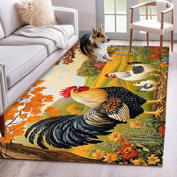 Area Rug 3x5ft Farmhouse Cock Hen Flower Leaf Area Rugs Washable Low Pile Floor Carpet for Bedroom, Country Plant Animals Theme Non Slip Soft Rugs for Living Room Entryway Dining Room