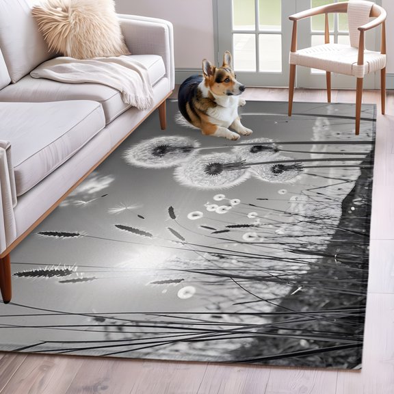 Area Rug 3x5ft Farmhouse Grey Field Dandelion Rural Plant Area Rugs Washable Low Pile Floor Carpet for Bedroom, Idyllic Botanical Non Slip Soft Rugs for Living Room Entryway Dining Room