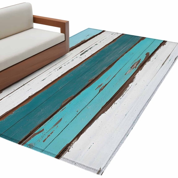 Area Rug 3x5ft, Farmhouse Wood Board Teal Gradient Washable Rugs for Living Room Bedroom, Retro Barn Plank Soft Non-slip Area Rugs Rectangle Floor Carpet for Dining Room