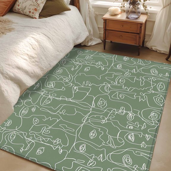 Area Rug 3x5ft Feminine Face Sketch Carpets Indoor Floor Area Mat Washable Entrance Mat Rugs for Living Room Dining Room Kitchen Bedroom, Sage Green Shape Lines Sofa Throw Carpet