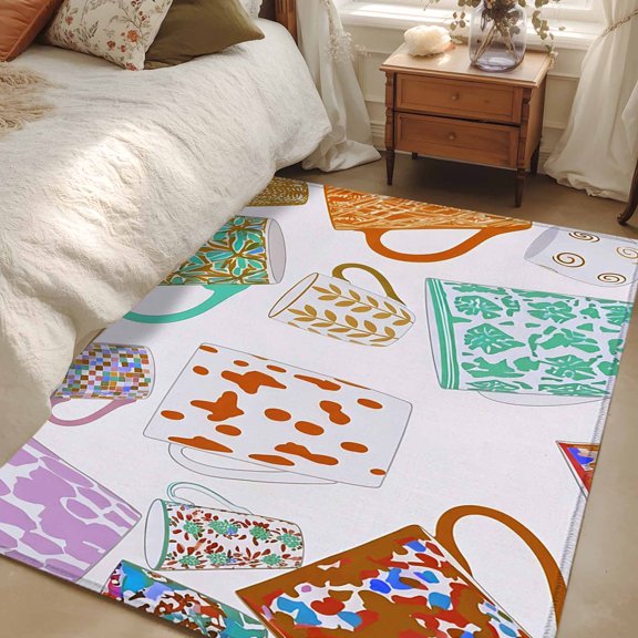 Area Rug 3x5ft Floral Ceramic Mugs Floor Carpets Indoor Floor Area Mat Doormat Entrance Mat Rugs for Entry Living Room Dining Room Kitchen Bedroom, Colorful Tea Cup Sofa Throw Carpet