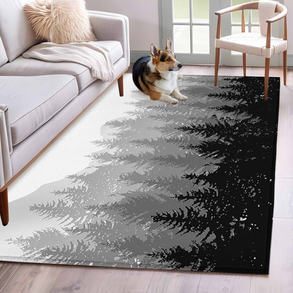 Area Rug 3x5ft Foggy Forest Gradient Black Shadow Area Rugs Washable Low Pile Floor Carpet for Bedroom, Misty Trees Abstract Art Non Slip Soft Rugs for Living Room Entryway Dining Room