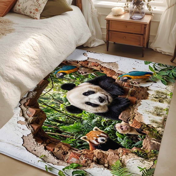 Area Rug 3x5ft Forest Animal Carpets Indoor Floor Area Mat Washable Entrance Mat Rugs for Living Room Dining Room Kitchen Bedroom, Broken Wall Panda Parrot Monkey Raccoon Sofa Throw Carpet