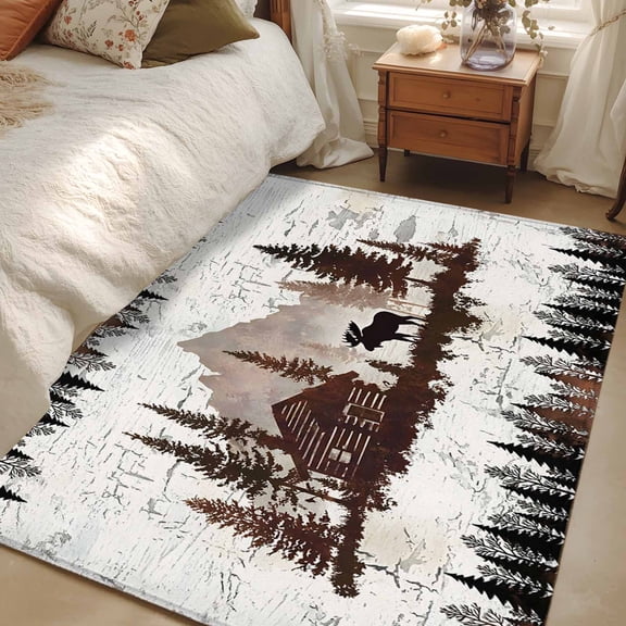 Area Rug 3x5ft Forest Moose Carpets Indoor Floor Area Mat Washable Entrance Mat Rugs for Living Room Dining Room Kitchen Bedroom, Log Cabin Animal Pine Tree Woodland Sofa Throw Carpet