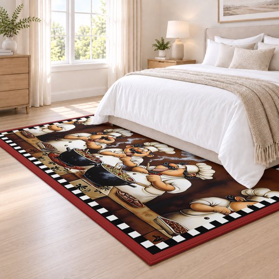 Area Rug 3x5ft Fun Chef Food Kitchen Cooking Low Pile Washable Rug Soft Cushioned Carpet Black White Checked Non-Slip Floor Mat for Living Room Bedside Dining Room