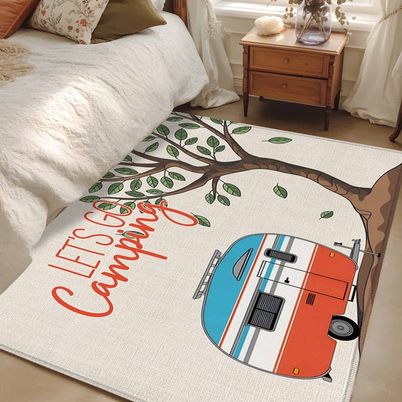 Area Rug 3x5ft Let's Go Camping Floor Carpets Indoor Floor Area Mat Doormat Entrance Mat Rugs for Entry Living Room Dining Room Kitchen Bedroom, Red Camper Van Trees Linen Sofa Throw Carpet