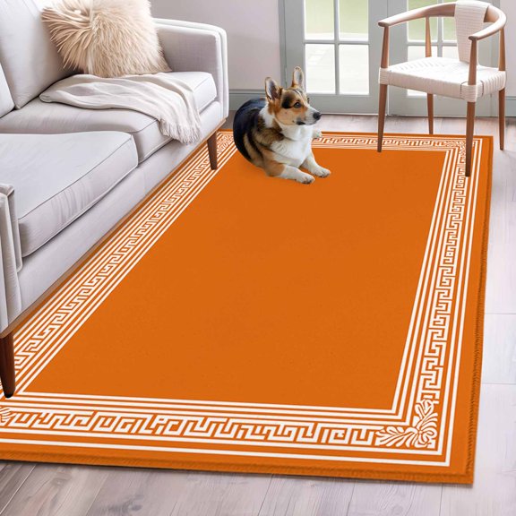 Area Rug 3x5ft Greece Geometric Key Design Area Rugs Washable Low Pile Floor Carpet for Bedroom, Abstract Stripe Art on Orange Non Slip Soft Rugs for Living Room Entryway Dining Room