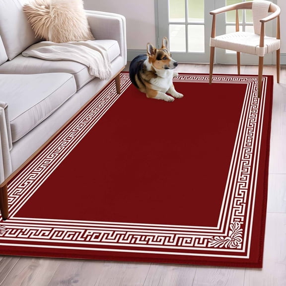 Area Rug 3x5ft Greek Abstract Inspired Key Pattern Area Rugs Washable Low Pile Floor Carpet for Bedroom, Geometric Twist Line on Red Non Slip Soft Rugs for Living Room Entryway Dining Room