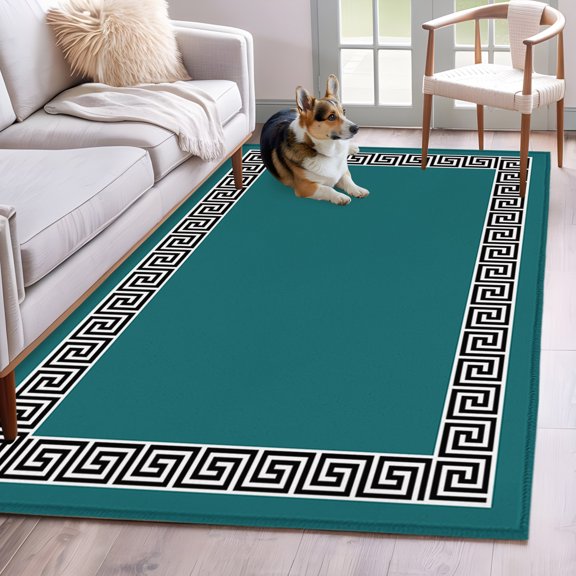 Area Rug 3x5ft Greek Abstract Inspired Key Pattern Area Rugs Washable Low Pile Floor Carpet for Bedroom, Twist Line on Teal Non Slip Soft Rugs for Living Room Entryway Dining Room