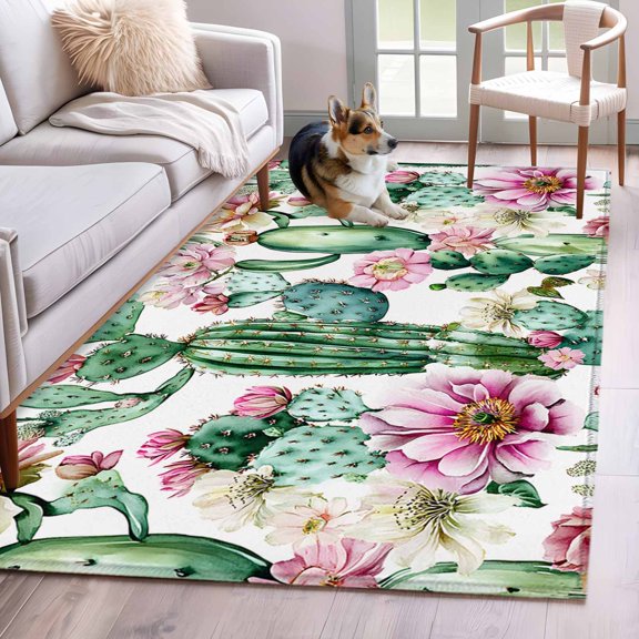 Area Rug 3x5ft Green Cactus Flowers Area Rugs Washable Low Pile Floor Carpet for Bedroom, Summer Tropical Plant Non Slip Soft Rugs for Living Room Entryway Dining Room