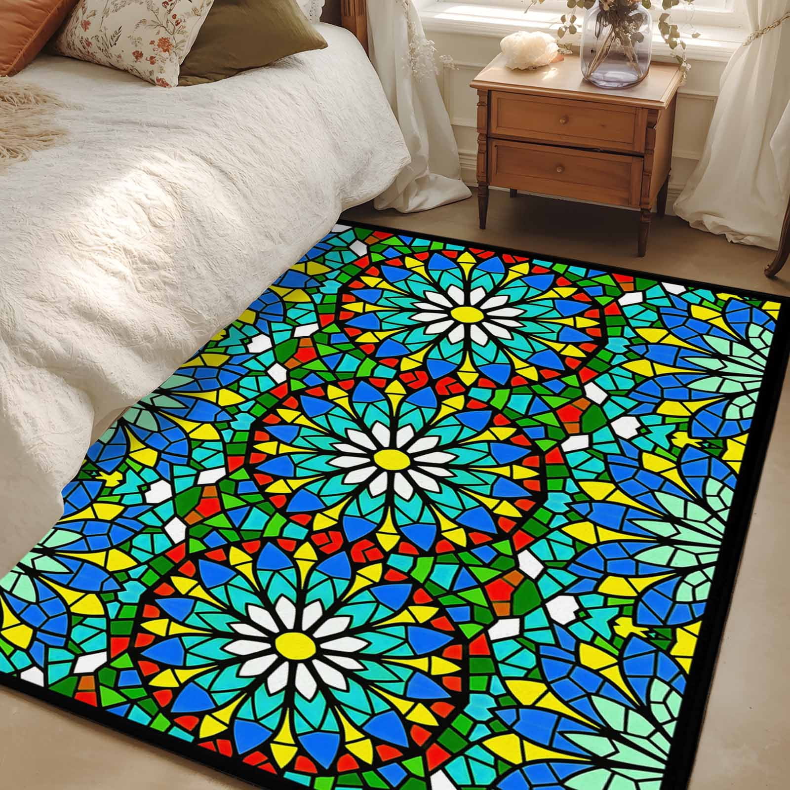 Area Rug 3x5ft Green Stained Glass Flower Carpets Indoor Floor Area Mat ...