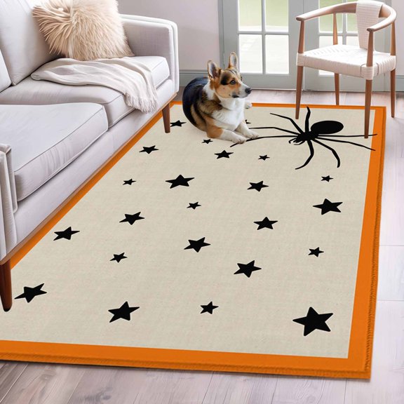 Area Rug 3x5ft Halloween Spiders- Stars Black Shadow Area Rugs Washable Low Pile Floor Carpet for Bedroom, Orange Border Cartoon Animal Non Slip Soft Rugs for Living Room Entryway Dining Room