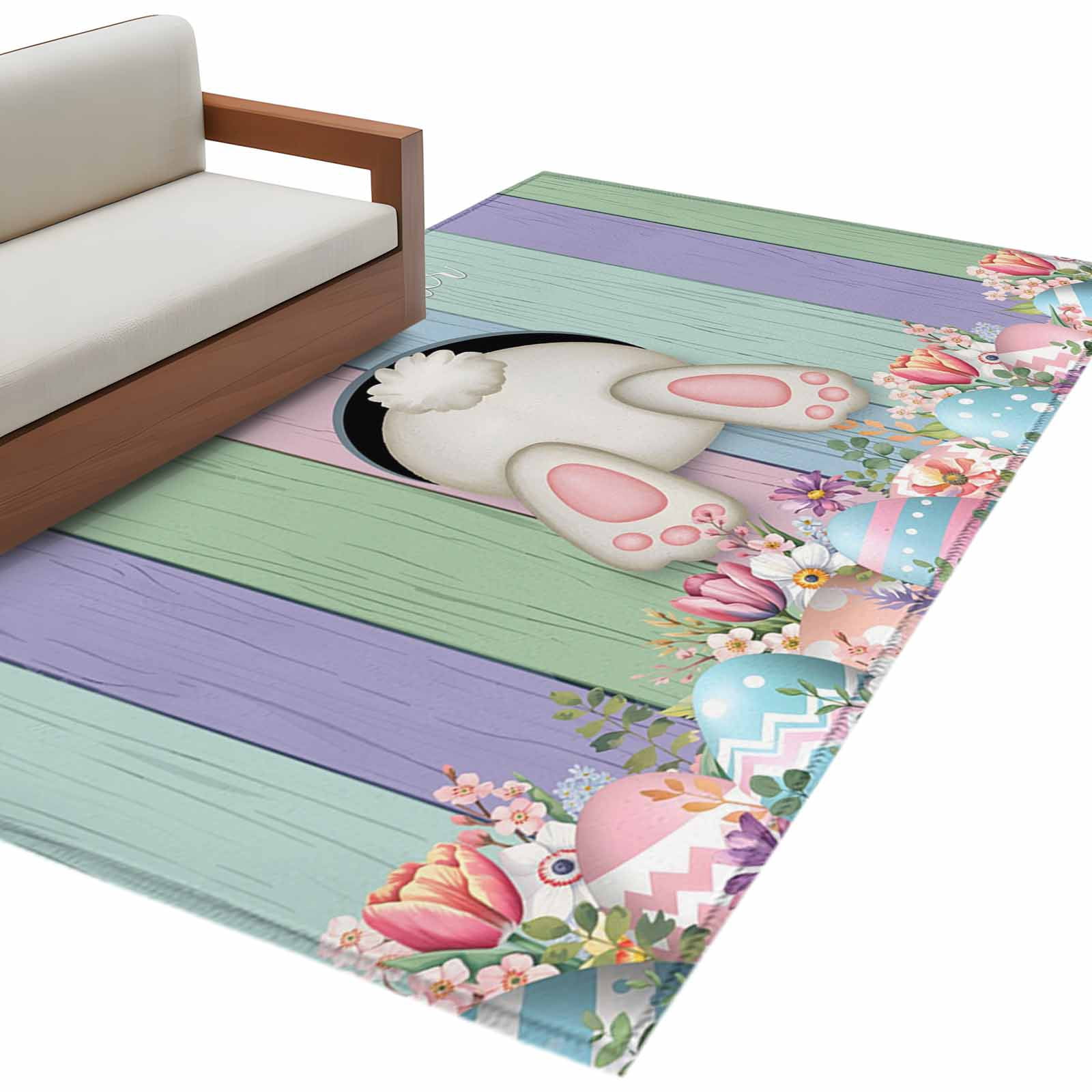 Happy Easter Rug Area Rug 3x5ft, Happy Easter Farm Cute Bunny Tail Eggs Washable Rugs ...