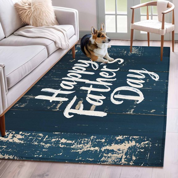 Area Rug 3x5ft Happy Father's Day Quote Wood Area Rugs Washable Low Pile Floor Carpet for Bedroom, Retro Navy Blue Wooden Plank Non Slip Soft Rugs for Living Room Entryway Dining Room