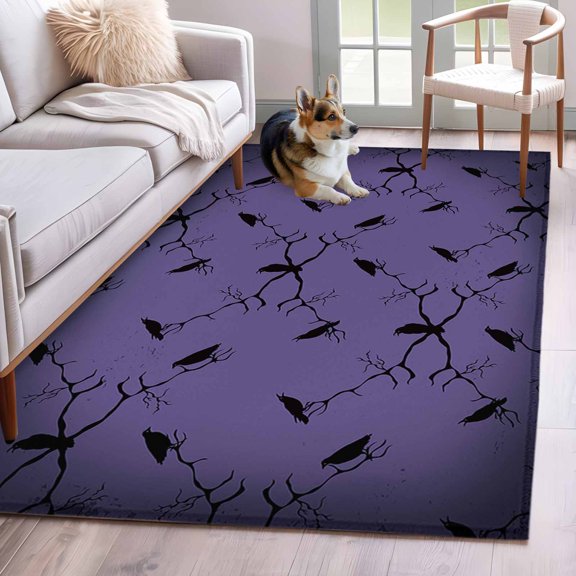 Area Rug 3x5ft Happy Halloween Black Crow Scary Shadow Seamless Area Rugs Washable Low Pile Floor Carpet for Bedroom, Purple Back Non Slip Soft Rugs for Living Room Entryway Dining Room