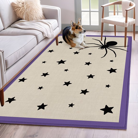 Area Rug 3x5ft Happy Halloween Cartoon Spiders- Stars Black Shadow Area Rugs Washable Low Pile Floor Carpet for Bedroom, Purple Border Non Slip Soft Rugs for Living Room Entryway Dining Room