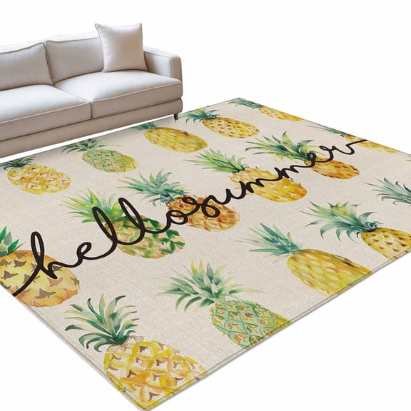 Area Rug 3x5ft Hello Summer Washable Area Rugs for Living Room Pineapple Fresh Fruit Vintage Non Slip Floor Carpet Mat for Kitchen Entryway Bathroom Office Home Decor