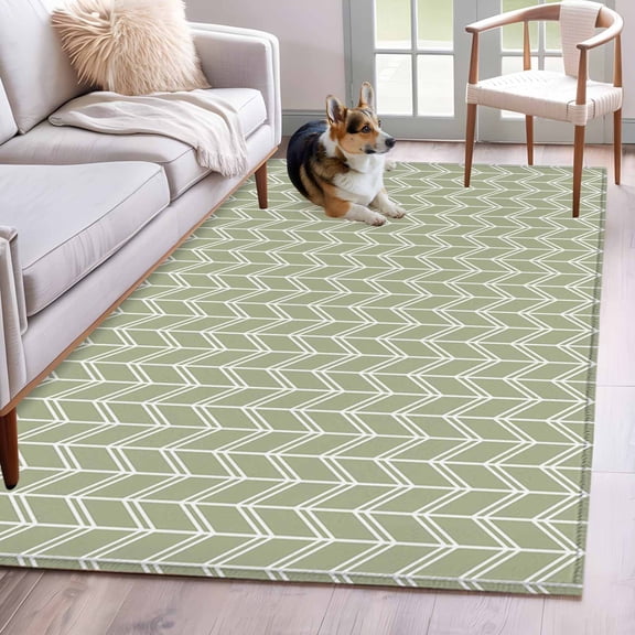 Area Rug 3x5ft Herringbone Texture on Sage Green Area Rugs Washable Low Pile Floor Carpet for Bedroom, Minimalist Geometric Art Non Slip Soft Rugs for Living Room Entryway Dining Room