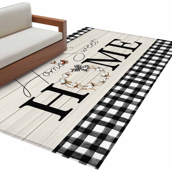 Area Rug 3x5ft, Home Black White Gingham Check Washable Rugs for Living Room Bedroom, Farm Vintage Wood Board Soft Non-slip Area Rugs Rectangle Floor Carpet for Dining Room