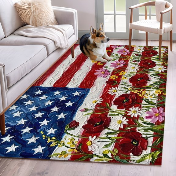 Area Rug 3x5ft Independence Day USA Flag Area Rugs Washable Low Pile Floor Carpet for Bedroom, Patriotic Flower Star Stripe Non Slip Soft Rugs for Living Room Entryway Dining Room
