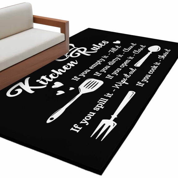 Area Rug 3x5ft, Kitchen Rules Black and White Washable Rugs for Living Room Bedroom, Kitchens Utensils Appliances Soft Non-slip Area Rugs Rectangle Floor Carpet for Dining Room