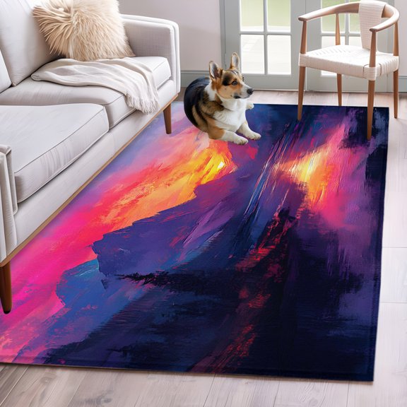 Area Rug 3x5ft Lake Reflection Landscape Area Rugs Washable Low Pile Floor Carpet for Bedroom, Mountain Peaks Sunset Non Slip Soft Rugs for Living Room Entryway Dining Room