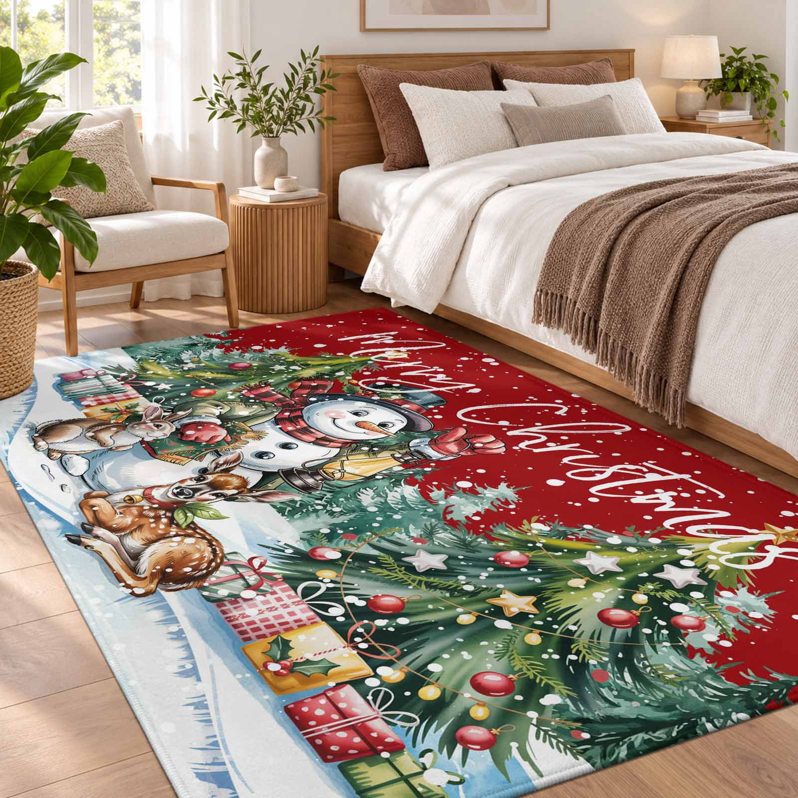 Area Rug 3x5ft Merry Christmas Tree Snowman Reindeer Low Pile Washable ...