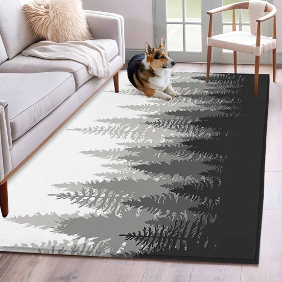 Area Rug 3x5ft Modern Forest Trees Shadow Scene Area Rugs Washable Low Pile Floor Carpet for Bedroom, Gradient Black Grey White Non Slip Soft Rugs for Living Room Entryway Dining Room