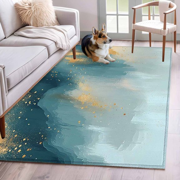 Area Rug 3x5ft Modern Gradient Fluid Art Area Rugs Washable Low Pile Floor Carpet for Bedroom, Turquoise Gold Minimalist Style Non Slip Soft Rugs for Living Room Entryway Dining Room