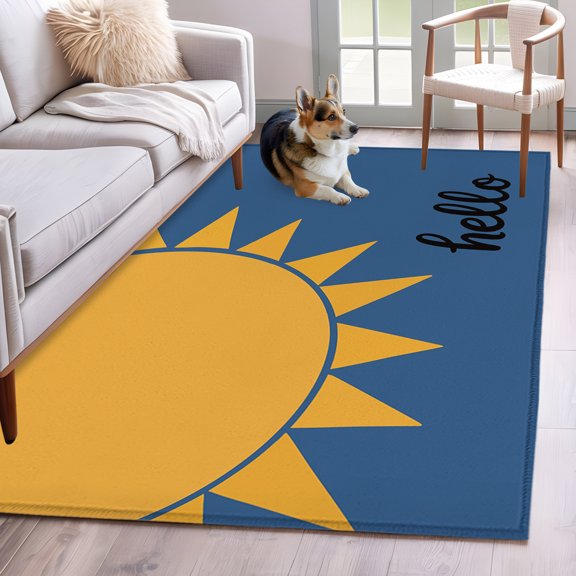 Area Rug 3x5ft Modern Minimalist Sun Yellow Blue Area Rugs Washable Low Pile Floor Carpet for Bedroom, Hello Quote Sunburst Non Slip Soft Rugs for Living Room Entryway Dining Room