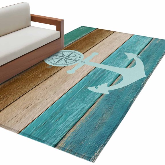 Area Rug 3x5ft, Nautical Coastal Anchor Compass Washable Rugs for Living Room Bedroom, Vintage Colorful Wooden Board Soft Non-slip Area Rugs Rectangle Floor Carpet for Dining Room