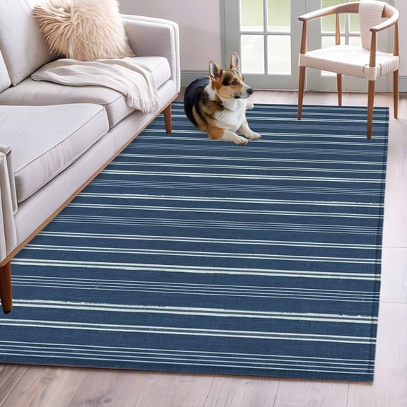 Area Rug 3x5ft Navy Blue Deep Linear Area Rugs Washable Low Pile Floor Carpet for Bedroom, Minimalist Geometric Striped Non Slip Soft Rugs for Living Room Entryway Dining Room